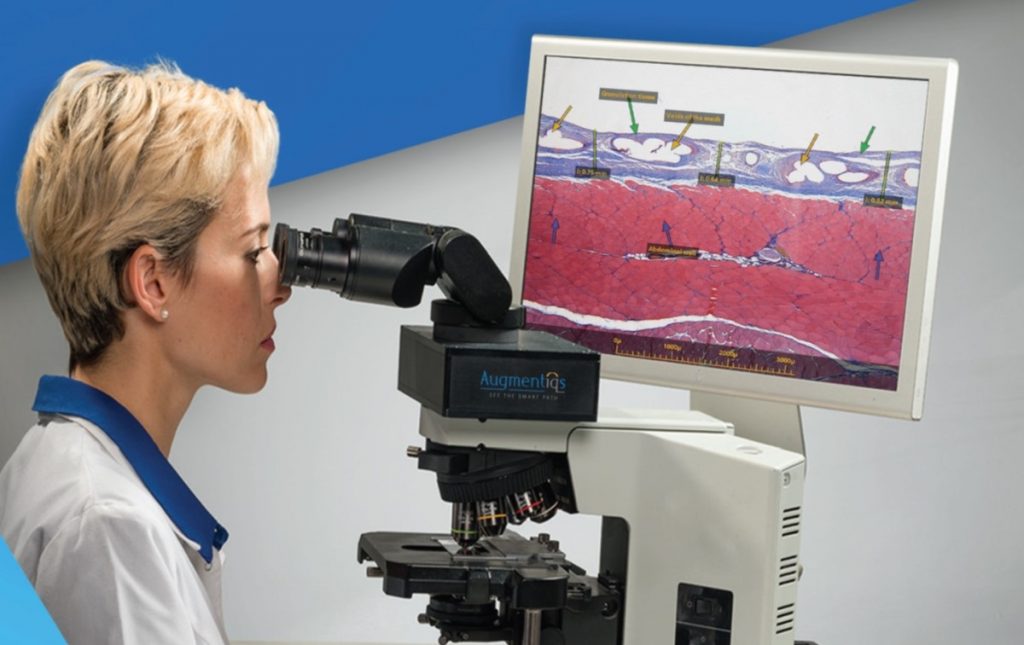 Medical professional using Israeli startup Augmentiqs' AR for microscopes. Courtesy