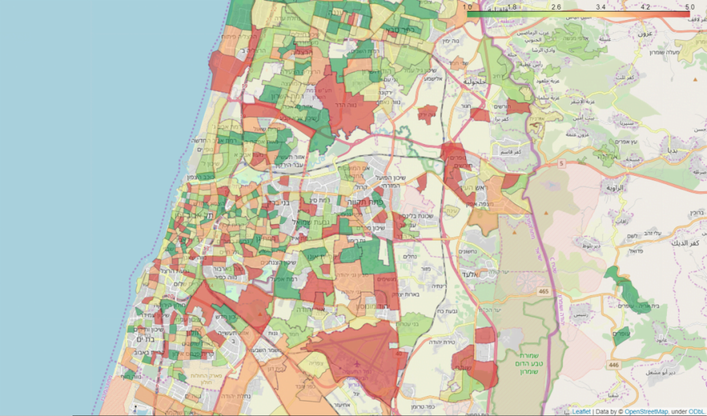 Gush Dan Neighborhoods: Average COVID-19 associated symptoms region map. City municipal regions with at least 30 responders and neighborhoods with at least 10 responders are shown. Each region is colored by a category defined by the average symptoms ratio, calculated by averaging the reported symptoms rate by responders in that city or neighborhood. Green - low symptoms rate, red - high symptoms rate. Image: Weizmann Institute