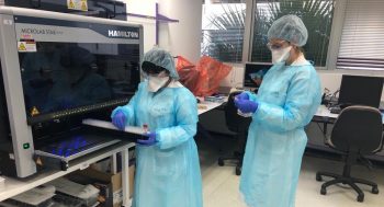 Coronavirus testing at a lab operated by Israeli HMO Clalit in Ramat Hahayal. Illustrative. March 2020. Photo: Health Ministry via Telegram