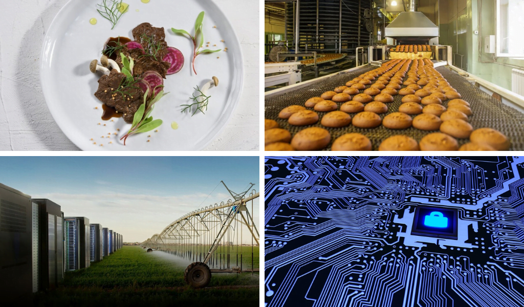 Six Israeli companies were selected to the WEF’s Technology Pioneers 2020 list. Photo clockwise: composite image of Aleph Farms’ clean meat, a production line via Seebo, a field via Prospera, and a cybersecurity lock illustration via Deposit Photos
