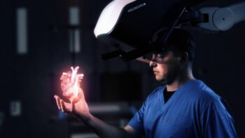 HOLOSCOPE-i is an over-the-head holographic system by RealView Imaging that creates digital 3D holograms in the physician's hand. Photo: RealView Imaging