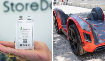 A composite image of StoreDot's ultra-fast rechargeable battery, left, and REE's EV platform, right. Courtesy