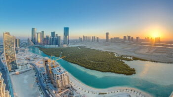 Skyscrapers on Al Reem and Al Maryah Island in Abu Dhabi at sunset. Israel and the UAE normalized relations in August 2020.