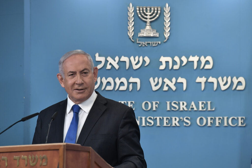Prime Minister Benjamin Netanyahu speaks at a press conference on Thursday, 13 August 2020 announcing a peace treaty with the United Arab Emirates. Photo by Kobi Gideon / GPO