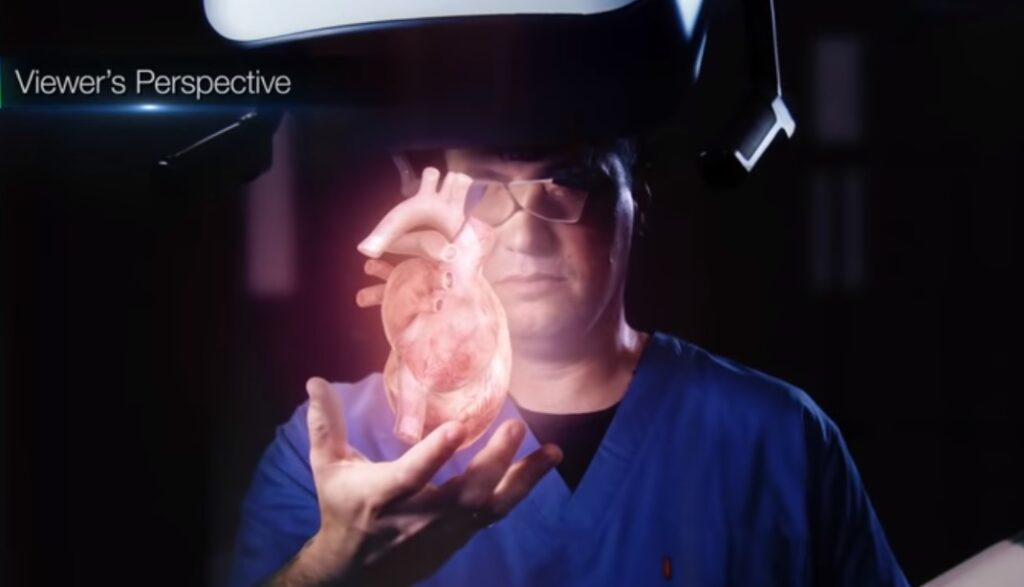 HOLOSCOPE-i is an over-the-head holographic system by RealView Imaging that creates digital 3D holograms in the physician's hand. Photo: Screenshot via RealView Imaging