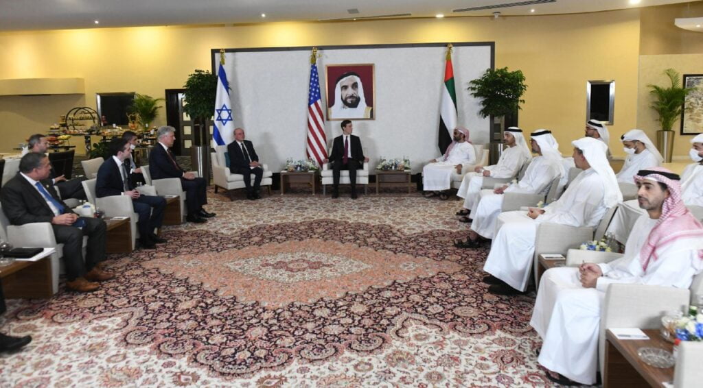 Trump's senior advisor and son-in-law Jared Kushner hosts a trilateral meeting as head of the US delegation to the UAE alongside the Israeli delegation. Photo: Amos Ben-Gershom/GPO