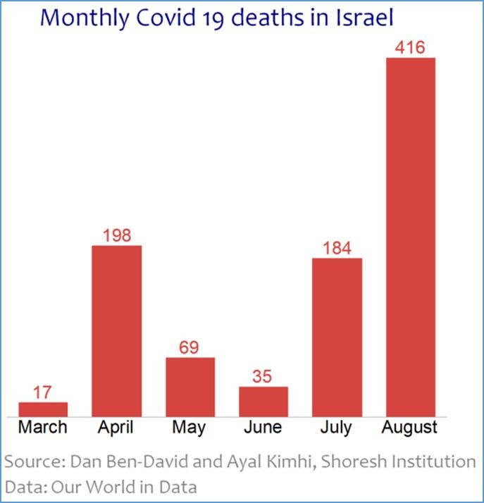 Monthly COVID-19 deaths in Israel. Image: Shoresh Institution of Socioeconomic Research