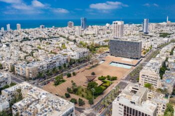 An aerial view of Tel Aviv and the municipality building. Photo: Courtesy of Barak Brinker/Tel Aviv-Yafo Municipality