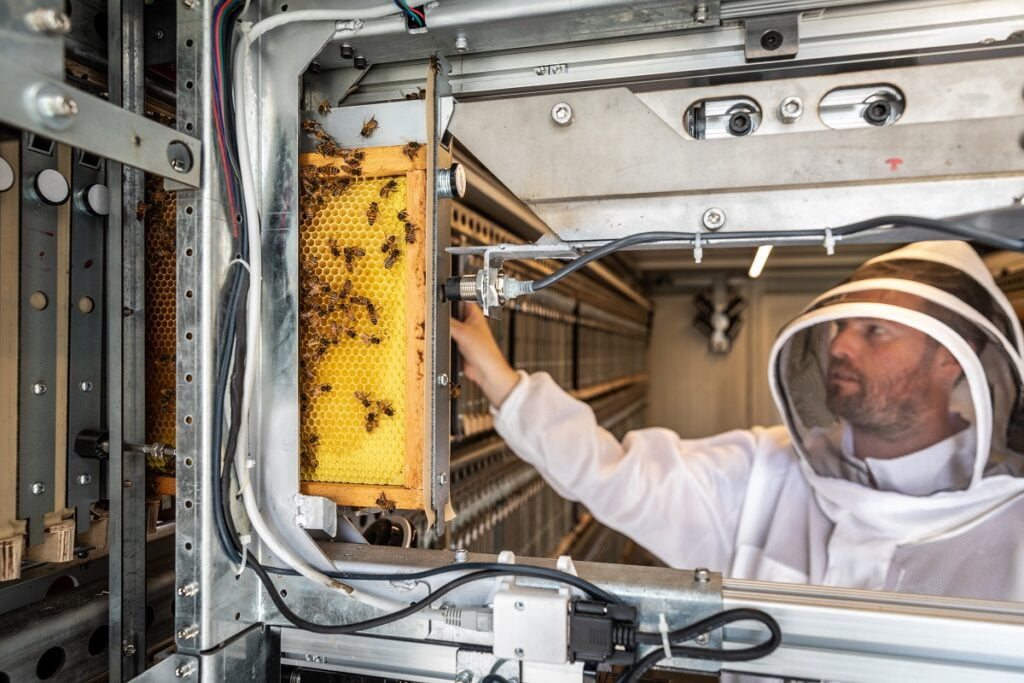 The Beehome can house up to 40 bee colonies in an automatically controlled climate for optimal humidity conditions that can be monitored via app. Photo: Eyal Toueg