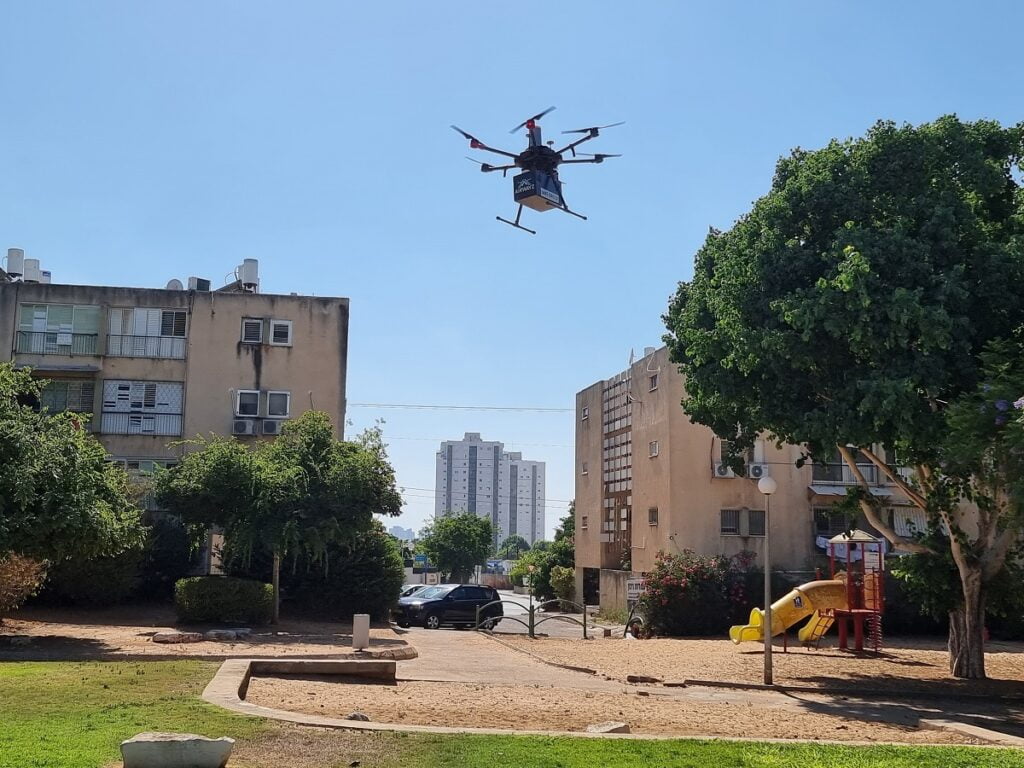 A drone operates in an urban area in Hadera as part of a national drone network initiative. June 2021. Photo: Aviv Bar-Zohar