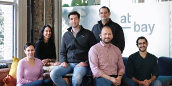 The At-Bay team from right to left: Joe Schiro, Head of People; Brett Sadoff, Head of Insurance; Roman Itskovich, Co-Founder and Chief Risk Officer; Rotem Iram, Co-Founder and CEO; Tara Bodden, General Counsel and Head of Claims; and Ayelet Kutner, Chief Technology Officer. Courtesy