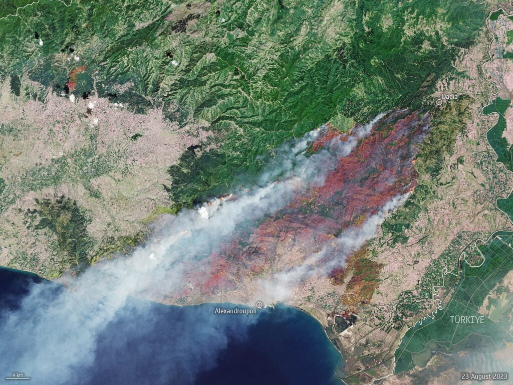 Satellite image of Greece wildfires, August 2023