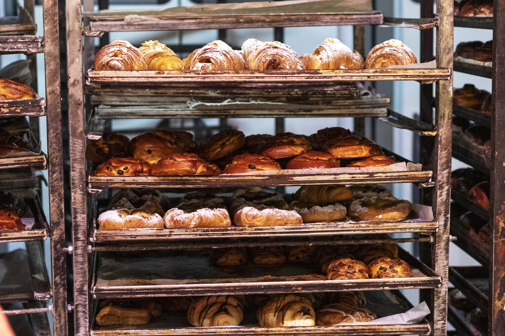 shelves of pastries at cafe